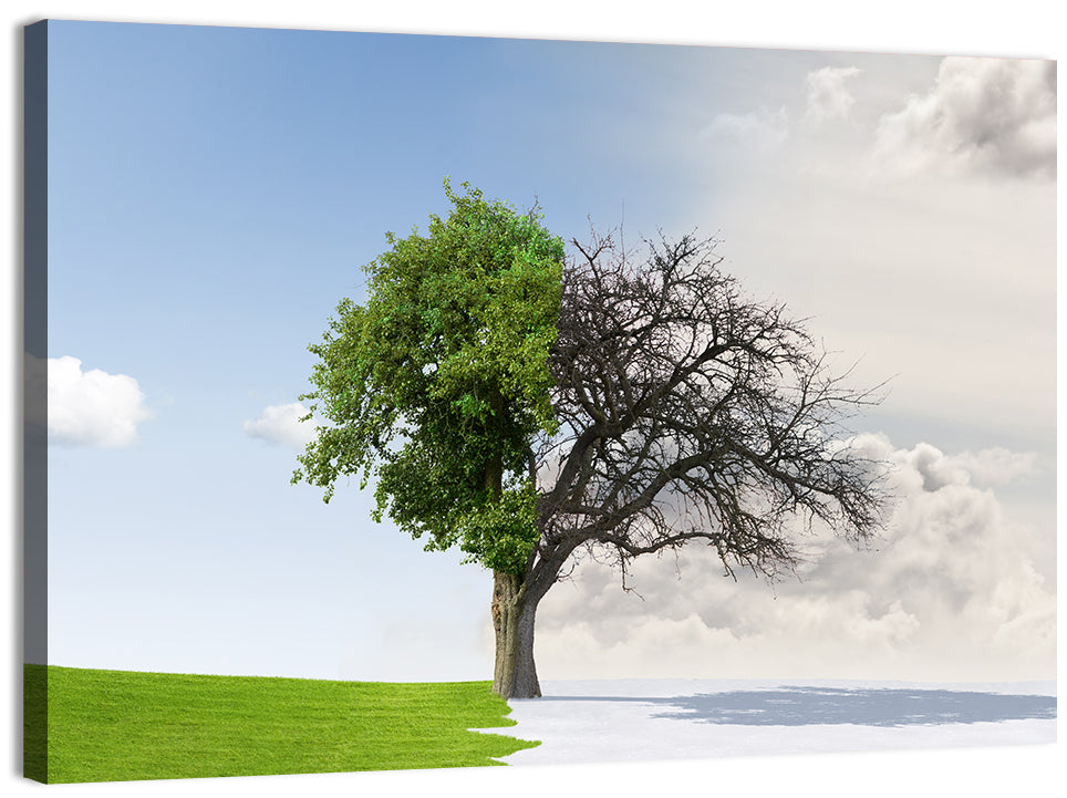 Summer to Winter Split Tree Wall Art, canvas print, landscape
