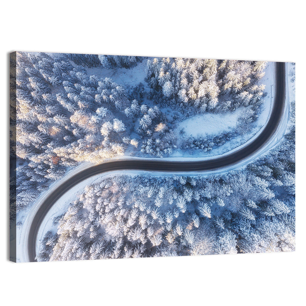 Winding Snow-covered Forest Road Wall Art, canvas print, landscape