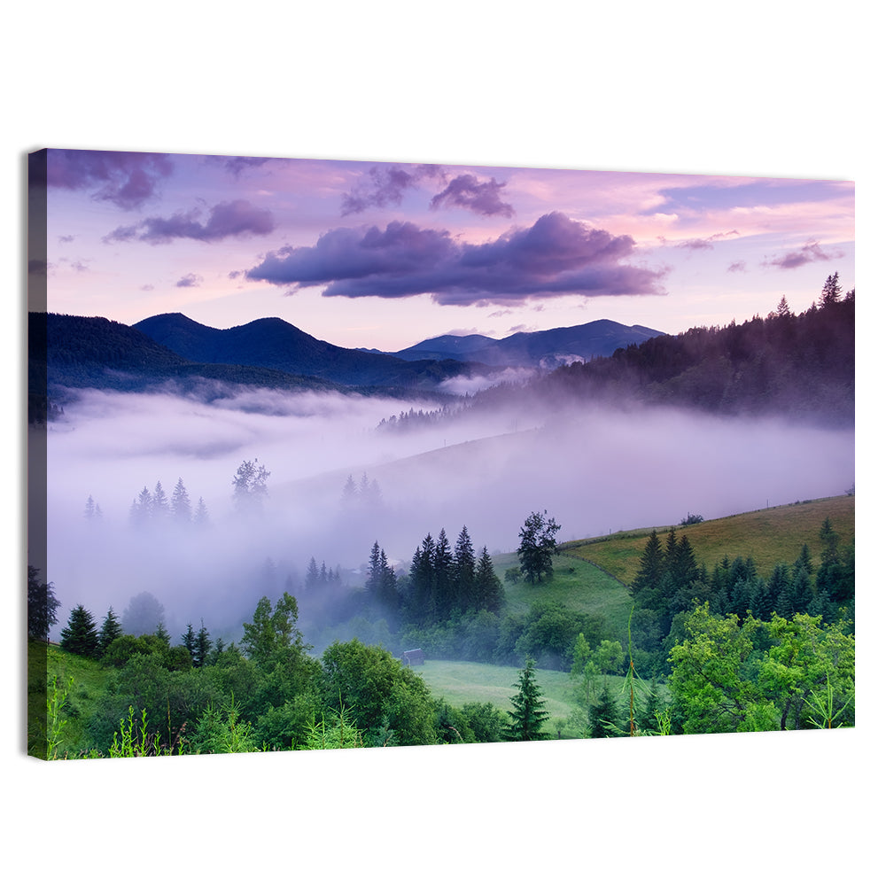 Misty Mountain Valley at Twilight Wall Art, canvas print, landscape