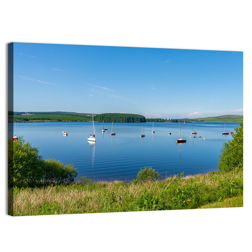 Anchored Sailboats at Llyn Brenig Wall Art, canvas print, landscape