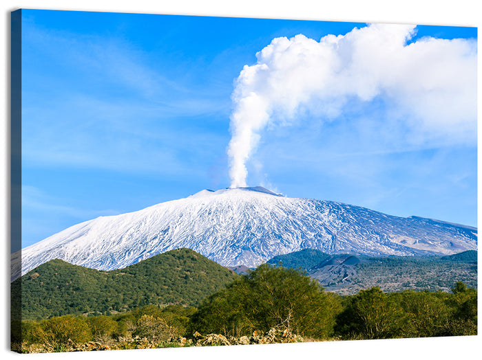 Snow-capped Mount Etna with Volcanic Plume Wall Art as a canvas print