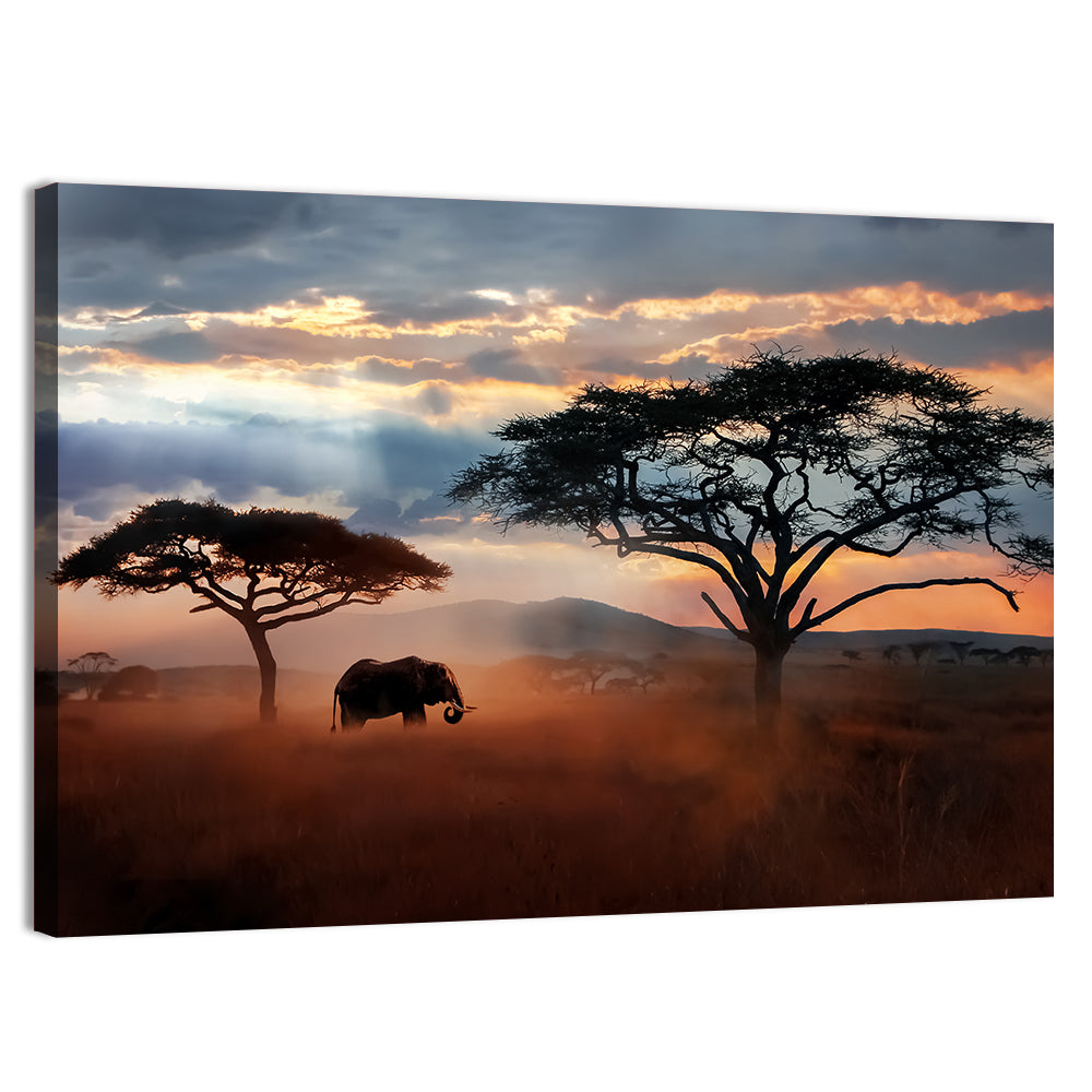 Savanna Elephant at Sunset Wall Art, canvas print, landscape