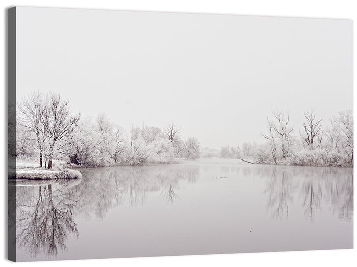 Frozen River Reflection in Winter Fog Wall Art as a canvas print