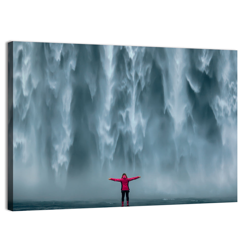 Skogafoss Waterfall with Figure in Pink Wall Art, canvas print, landscape