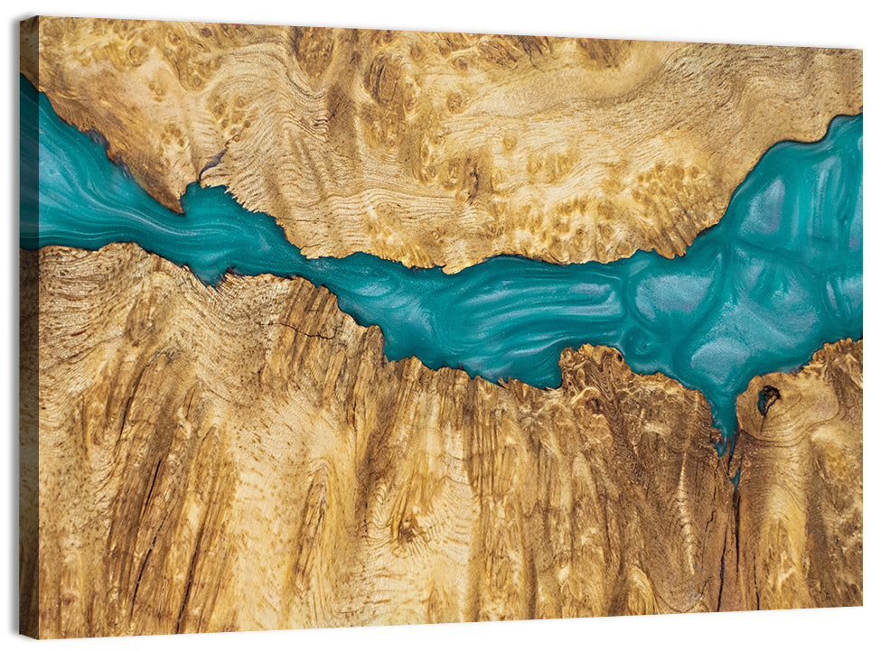 Burled Wood River with Teal Resin Wall Art, canvas print, landscape