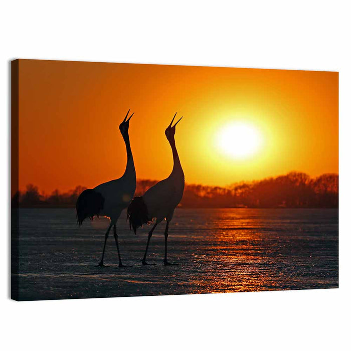 Red Crowned Cranes at Sunset Wall Art as a canvas print