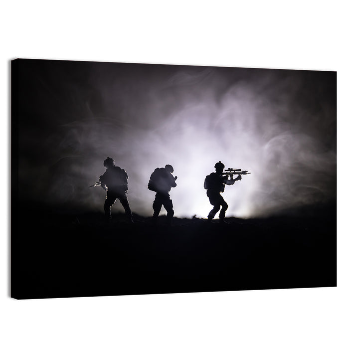 Three Soldiers Silhouette in Fog Wall Art as a canvas print