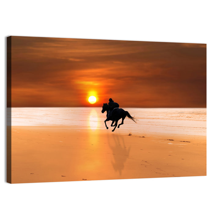 Horse and Rider at Sunset Wall Art as a canvas print