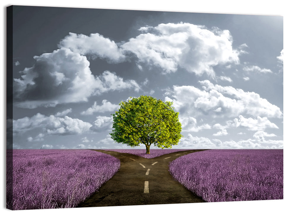 Lavender Field Crossroads with Lone Tree Wall Art, canvas print, landscape
