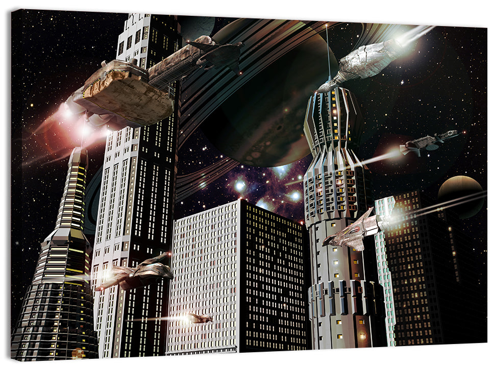 Ringed Planet Cityscape Wall Art, canvas print, landscape