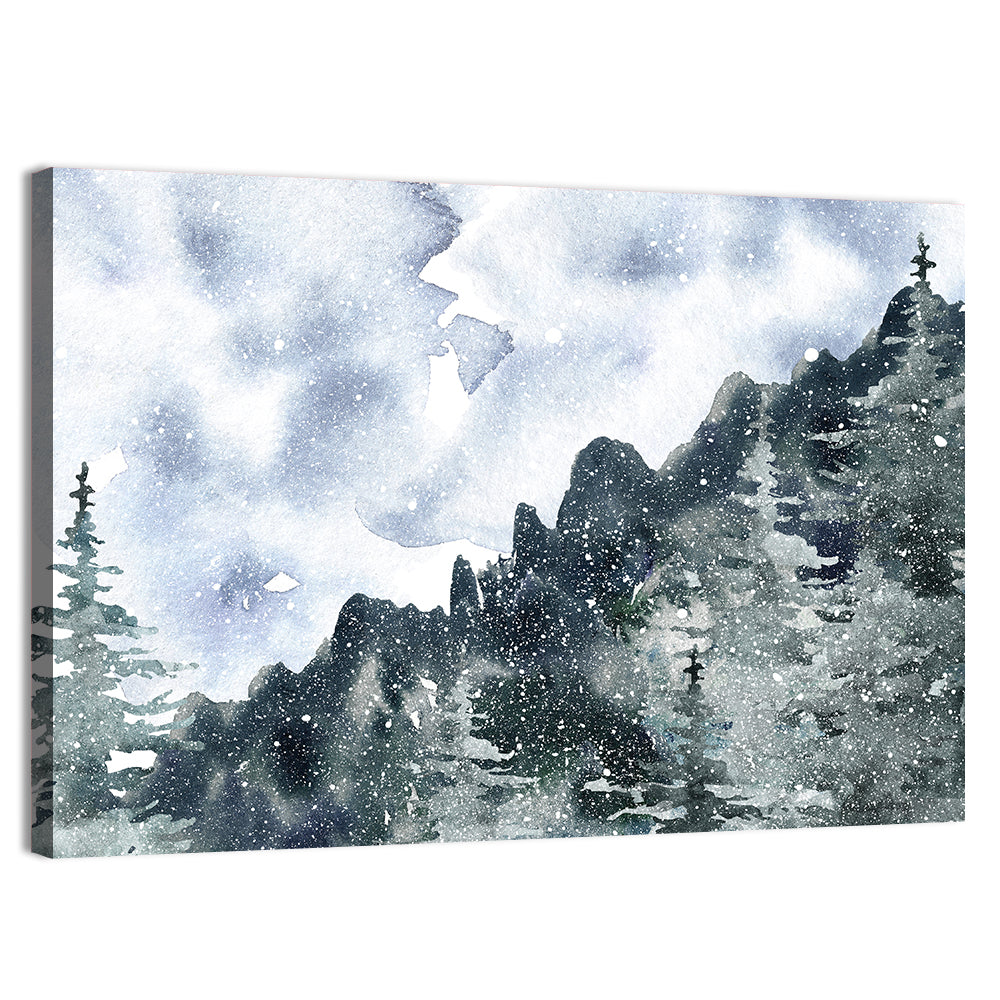 Snowfall Mountain Forest Illustration Wall Art, canvas print, landscape