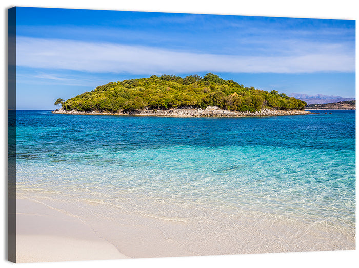 Butrint Turquoise Island Beach Wall Art as a canvas print