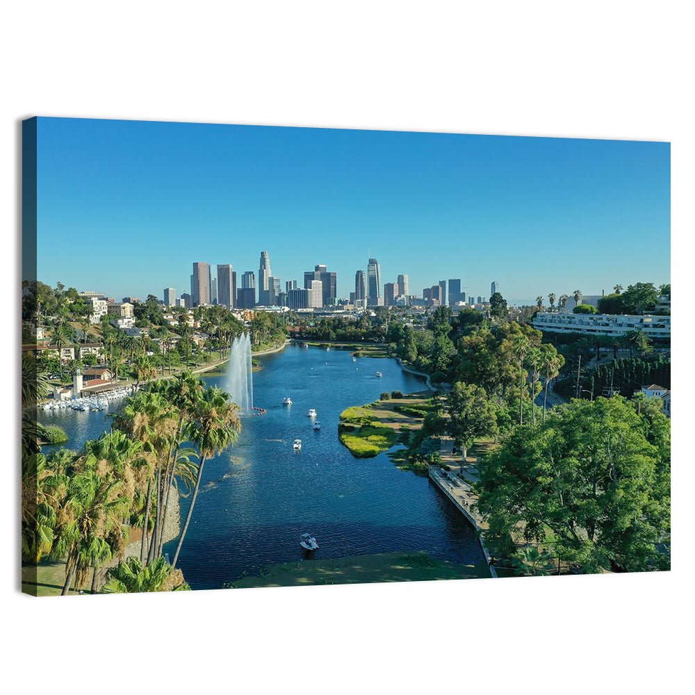 Echo Park Fountain and Downtown Skyline Wall Art, canvas print, landscape