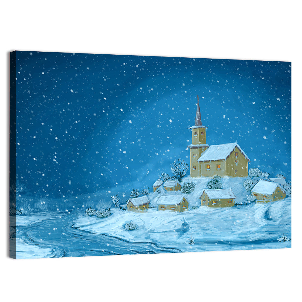Snowy Village Church at Night Wall Art, canvas print, landscape