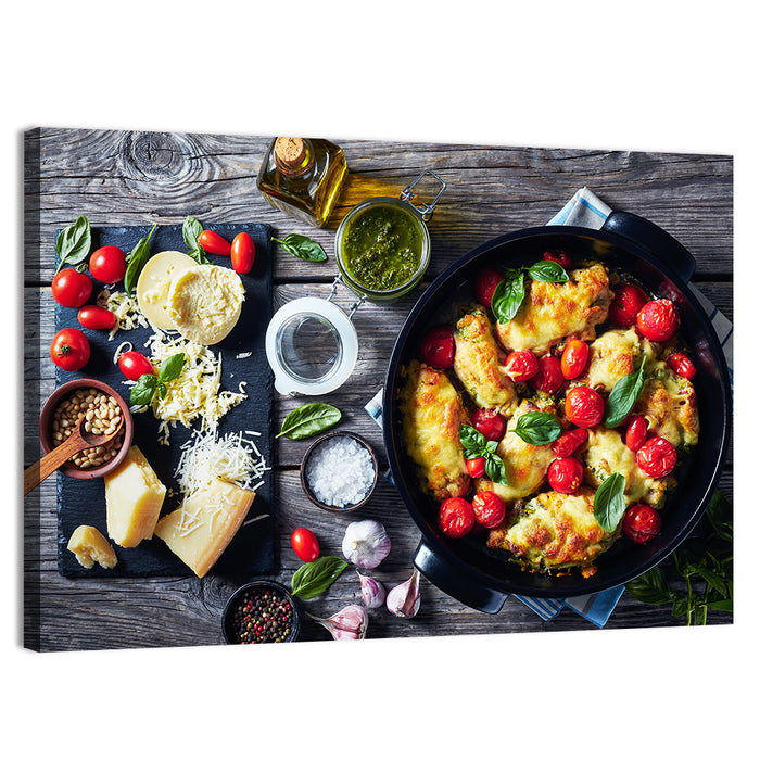 Pesto Baked Chicken Flat Lay Wall Art as a canvas print