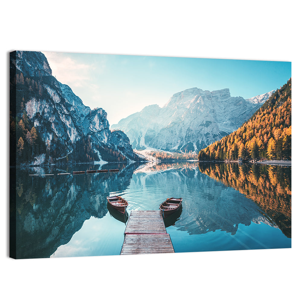 Lago Di Braies Dock and Dolomites Wall Art, canvas print, landscape