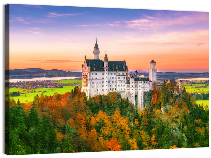 Neuschwanstein Castle at Autumn Sunset Wall Art as a canvas print