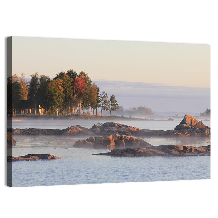 Lake Vanern Misty Shoreline Wall Art as a canvas print