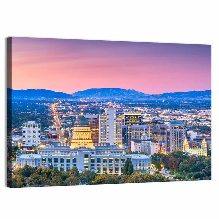 Salt Lake City Dusk Skyline Wall Art as a canvas print