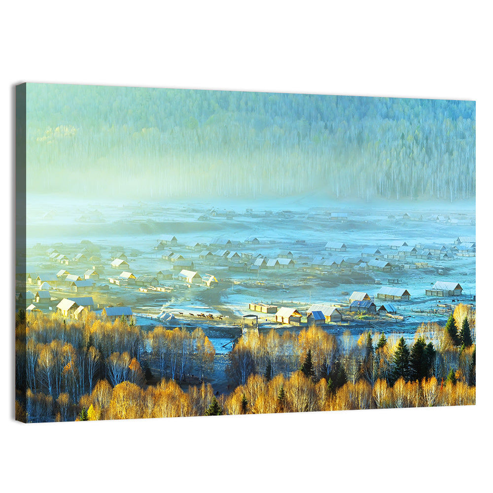 Misty Xinjiang Village Wall Art, canvas print, landscape