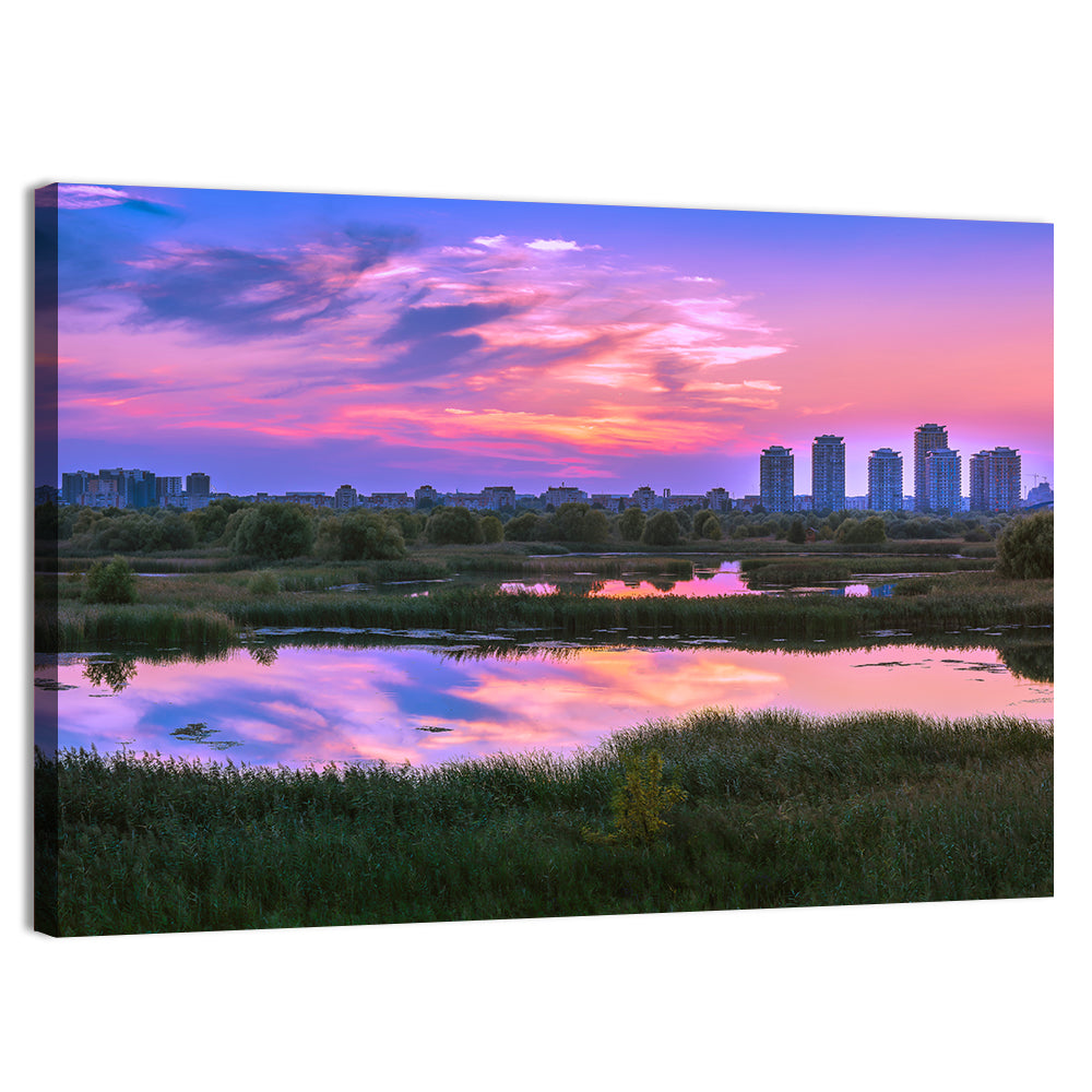 Vacaresti Park Sunset Reflection Wall Art, canvas print, landscape
