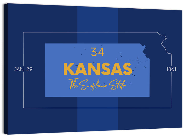 Kansas Typographic Map, Blue and Gold Wall Art as a canvas print