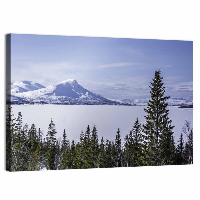 Scandinavian Mountain Range with Frozen Lake Wall Art as a canvas print