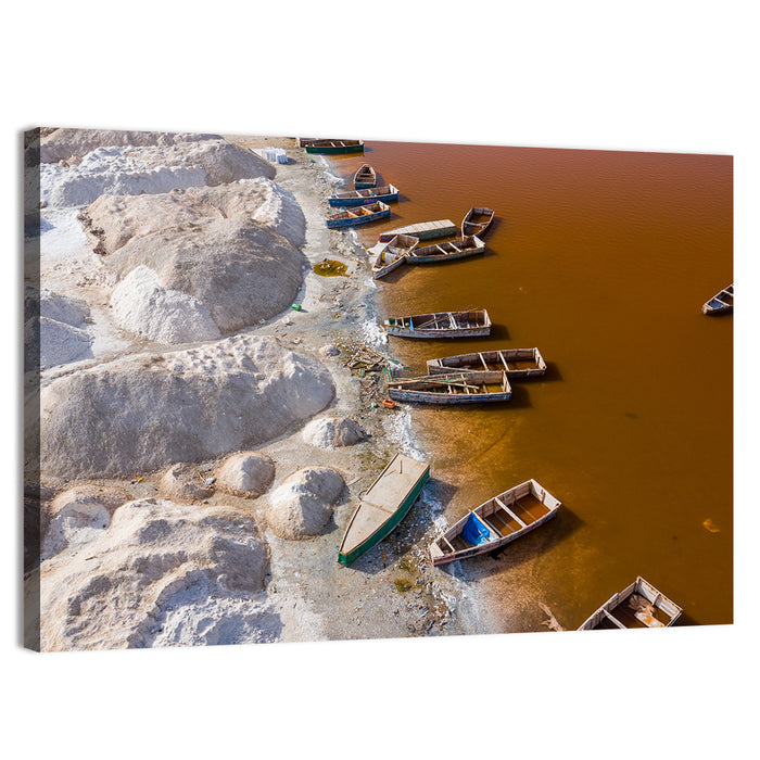 Lac Rose Boats and Salt Mounds Wall Art as a canvas print