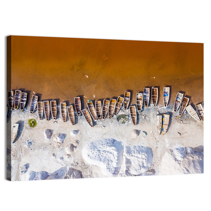 Lac Rose Boats Aerial View Wall Art as a canvas print