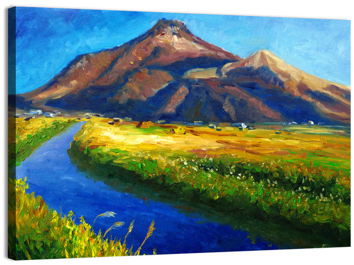 Mountain Village Stream at Golden Hour Wall Art as a canvas print