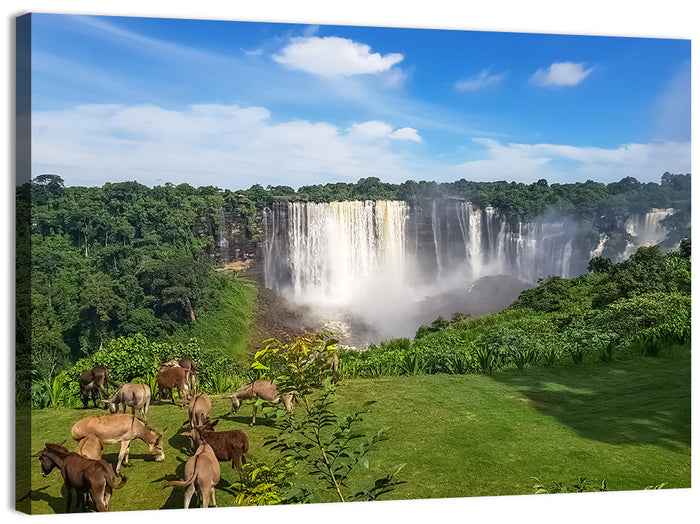 Kalandula Falls and Grazing Donkeys Wall Art as a canvas print
