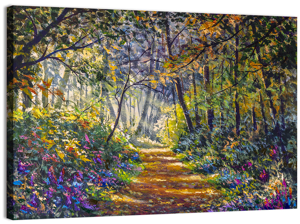 Sunlit Forest Path with Wildflowers Wall Art