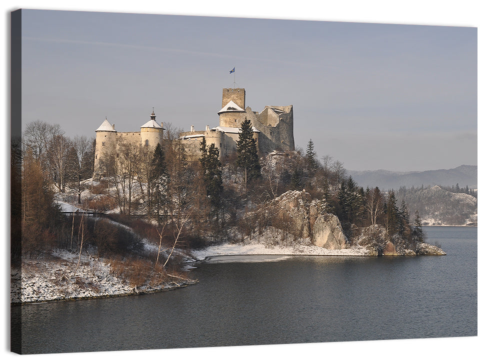 Niedzica Castle on Icy Lake Wall Art, canvas print, landscape