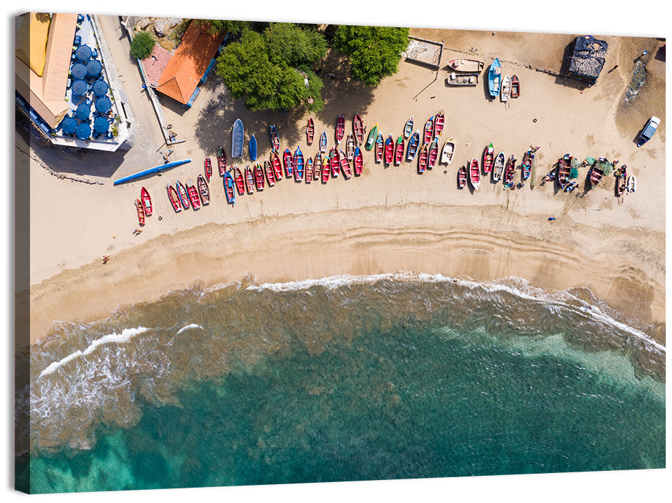 Aerial Tarrafal Beach Fishing Boats Wall Art, canvas print, landscape