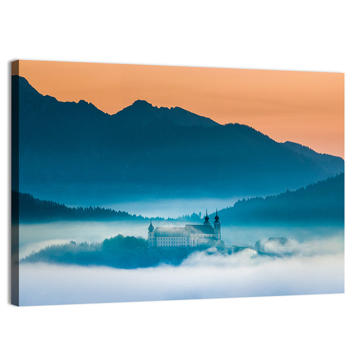 Benediktbeuern Abbey in Morning Fog Wall Art as a canvas print