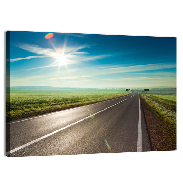 Sunlit Road Through Green Field Wall Art as a canvas print