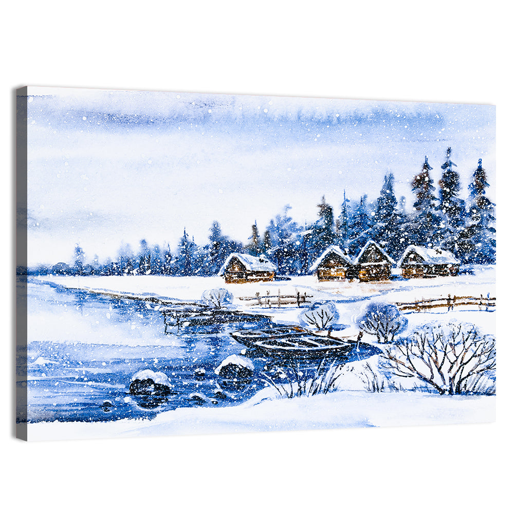 Snowy Village by Frozen Lake Wall Art, canvas print, landscape