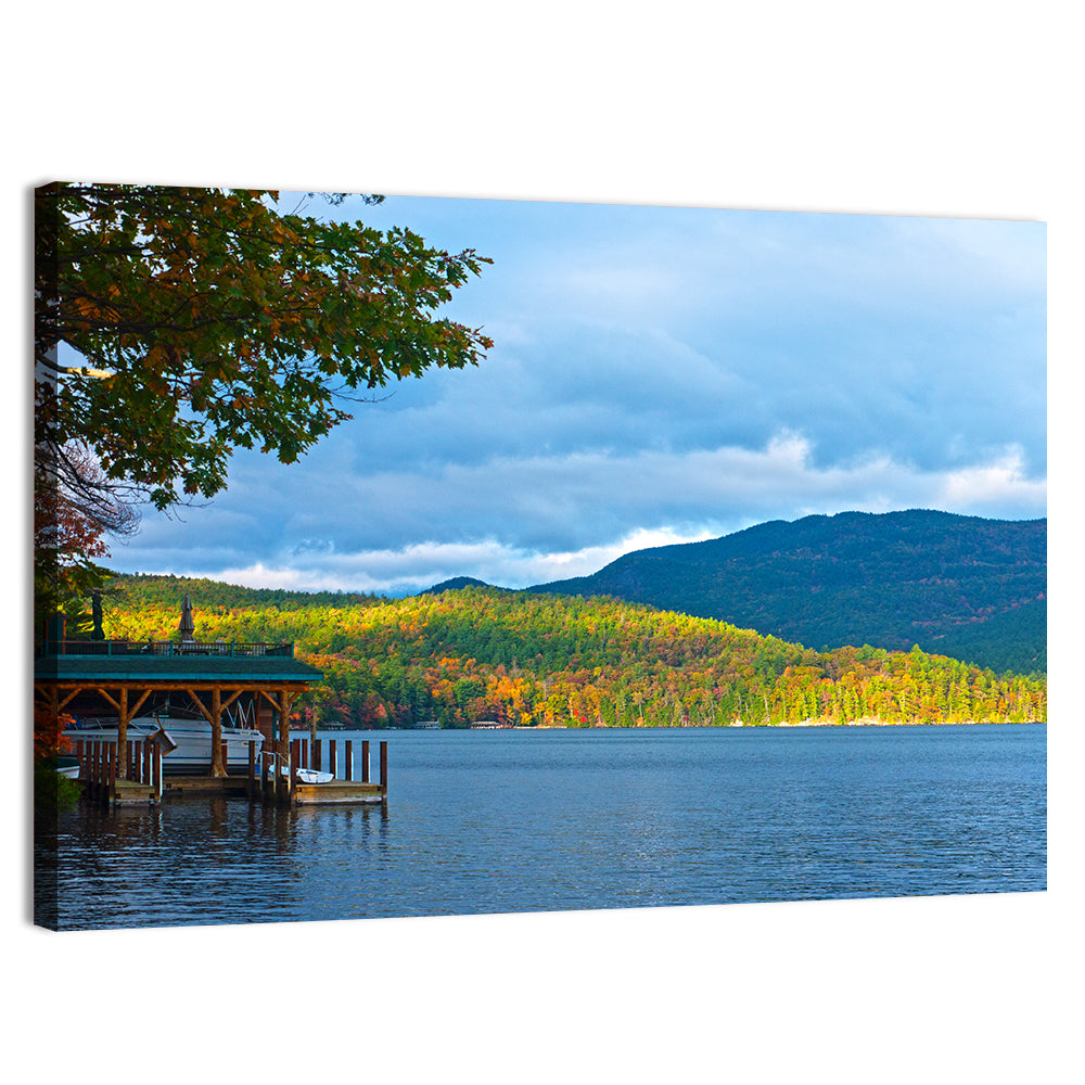 Lake George Boathouse in Autumn Wall Art