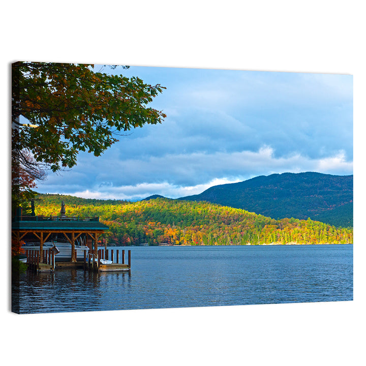 Lake George Boathouse in Autumn Wall Art