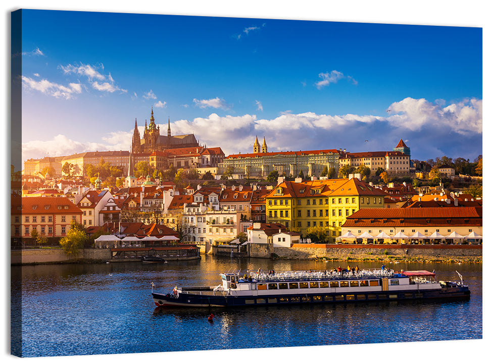 Prague Castle Golden Hour River View Wall Art, canvas print, landscape