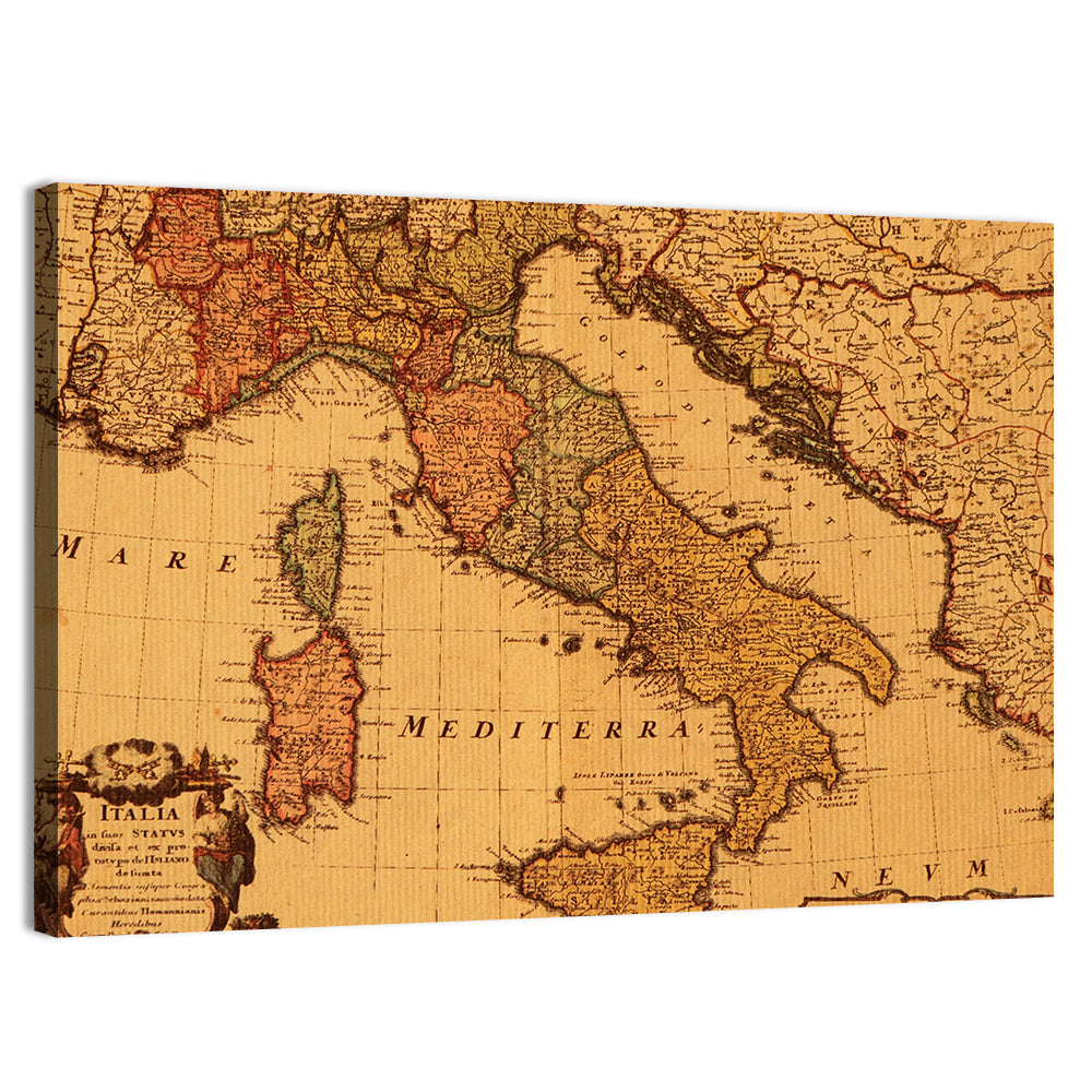 Antique Map of Italy with Ornate Cartouche Wall Art