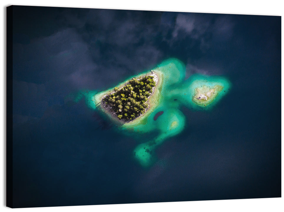 Lake Eibsee Turtle Islands Aerial Wall Art, canvas print, landscape