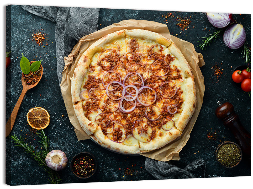 Spicy Pizza with Red Onion Wall Art, canvas print, landscape
