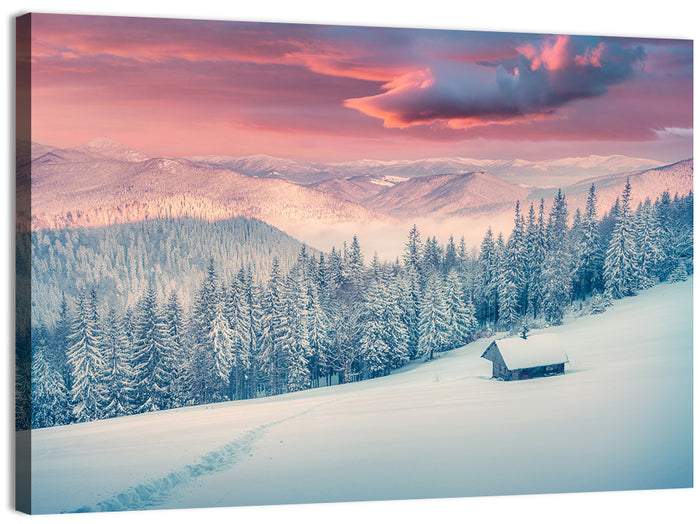 Cabin at Winter Sunrise Wall Art as a canvas print