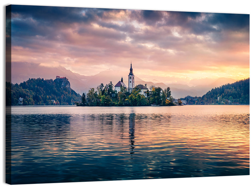Golden Hour at Bled Island Wall Art, canvas print, landscape
