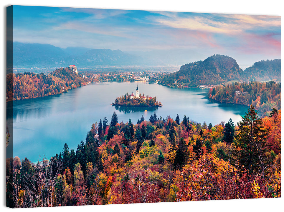 Sunset Over Lake Bled Wall Art, canvas print, landscape