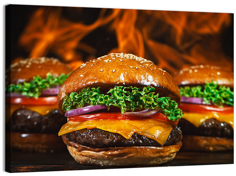 Three Flame Grilled Cheeseburgers Wall Art, canvas print, landscape