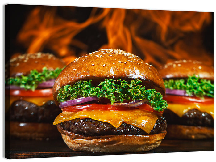 Three Flame Grilled Cheeseburgers Wall Art as a canvas print