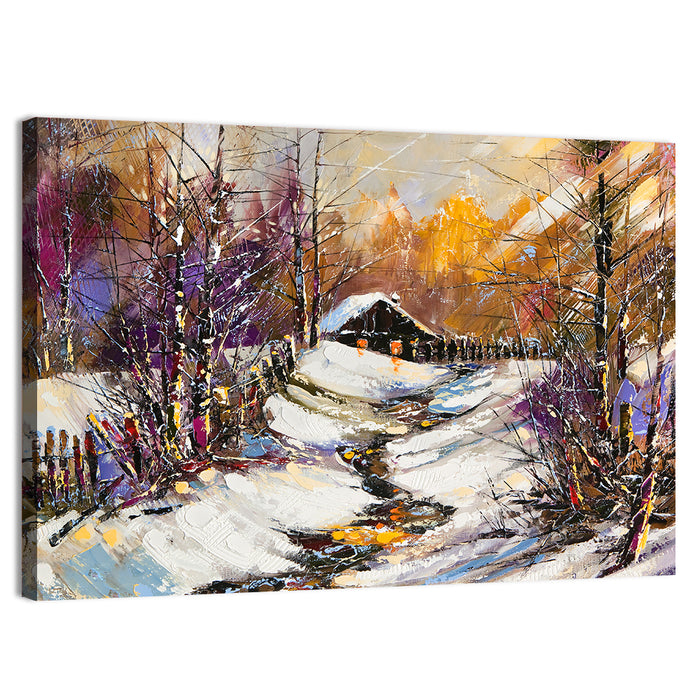 Snowy Path to Cabin Wall Art as a canvas print