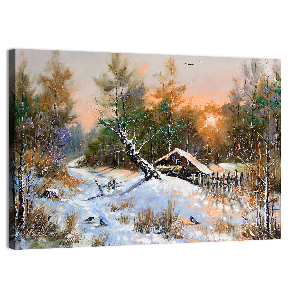 Winter Forest Path with Cabin Wall Art